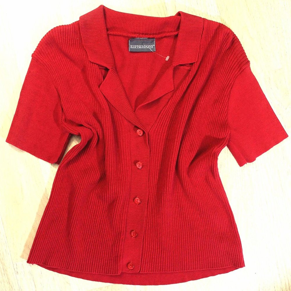Red Ribbed Knit Button Down Blouse  Stretch NWOT